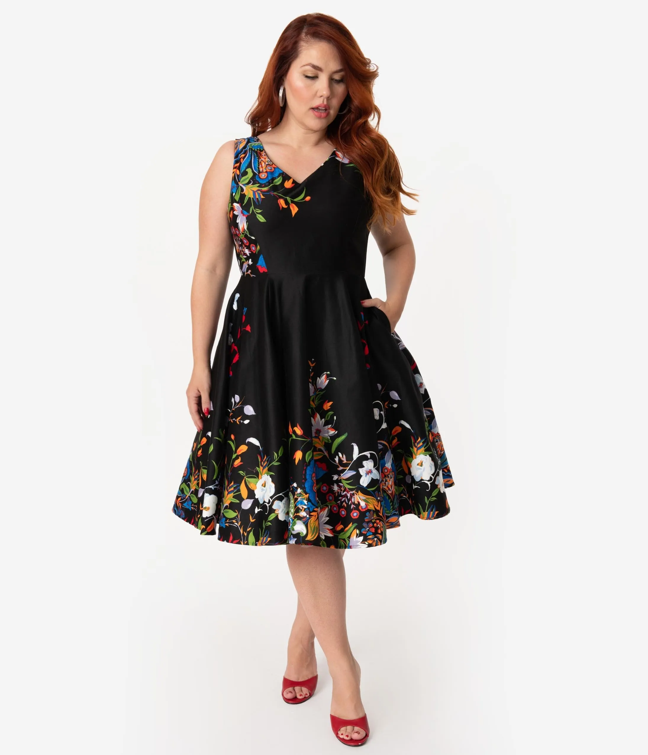 Plus Size Black Border Floral Print Cotton Swing Dress