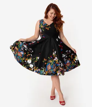 Plus Size Black Border Floral Print Cotton Swing Dress