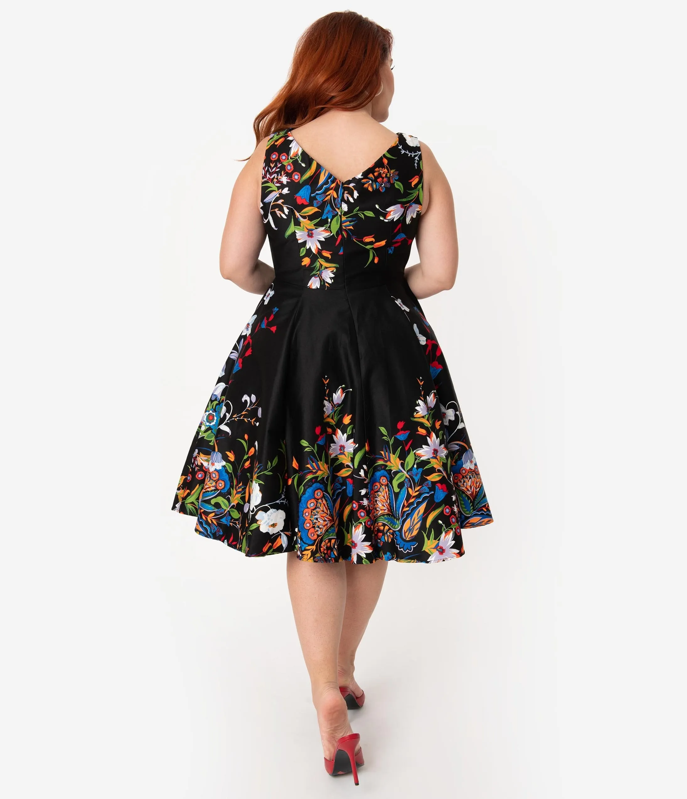 Plus Size Black Border Floral Print Cotton Swing Dress