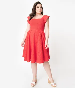 Plus Size Red Eyelet Lace Smocked Raphaella Swing Dress