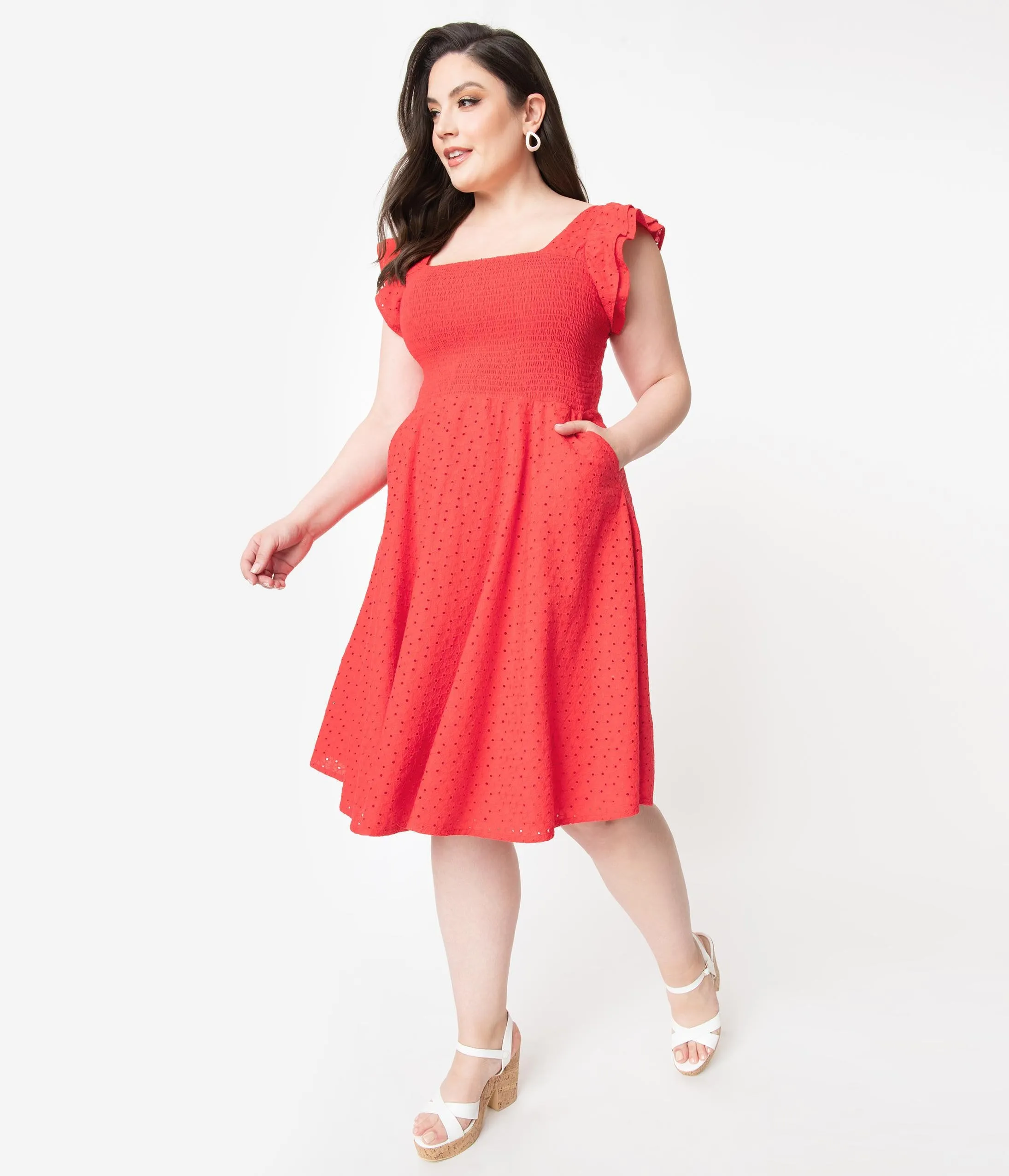 Plus Size Red Eyelet Lace Smocked Raphaella Swing Dress