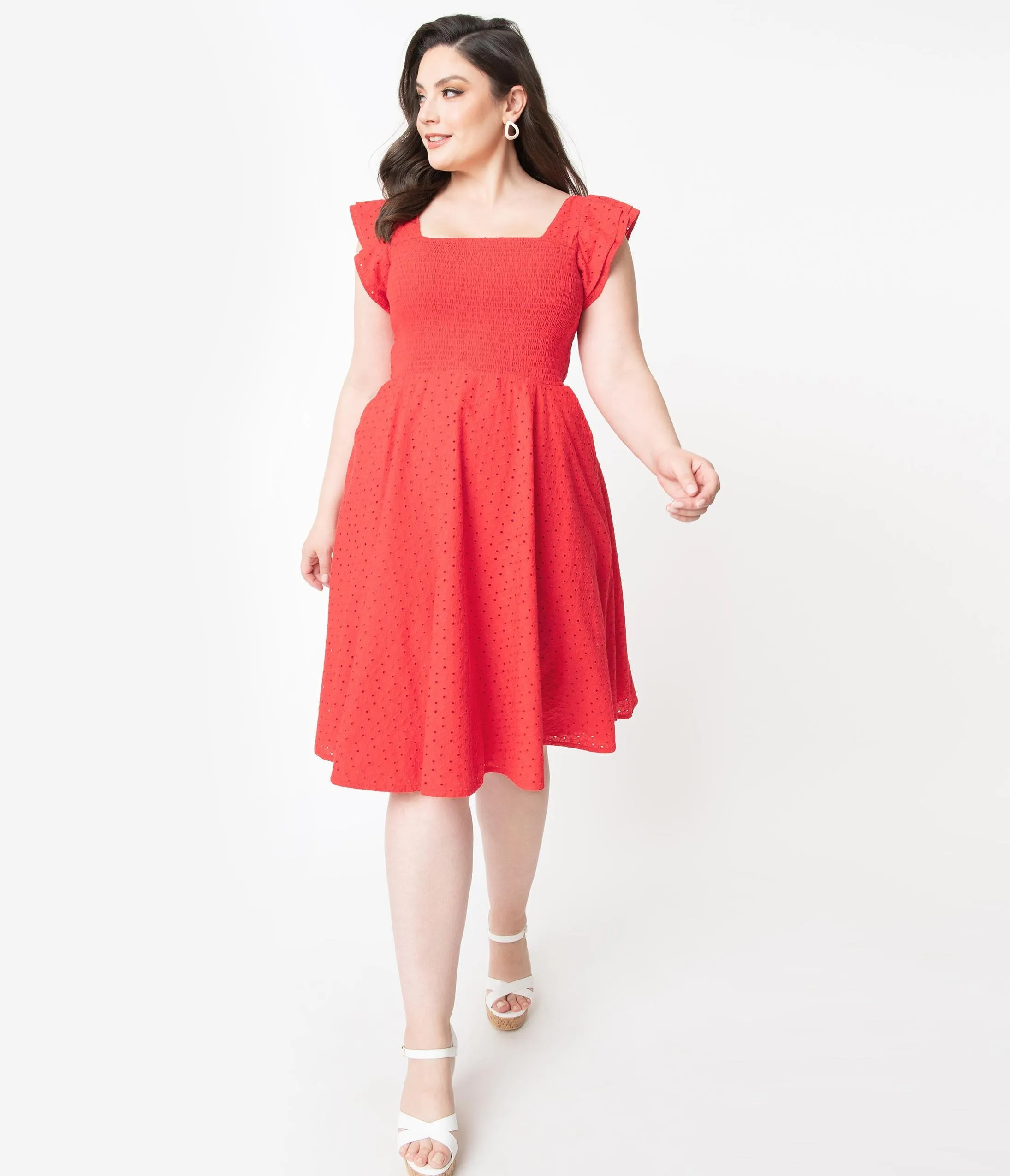 Plus Size Red Eyelet Lace Smocked Raphaella Swing Dress