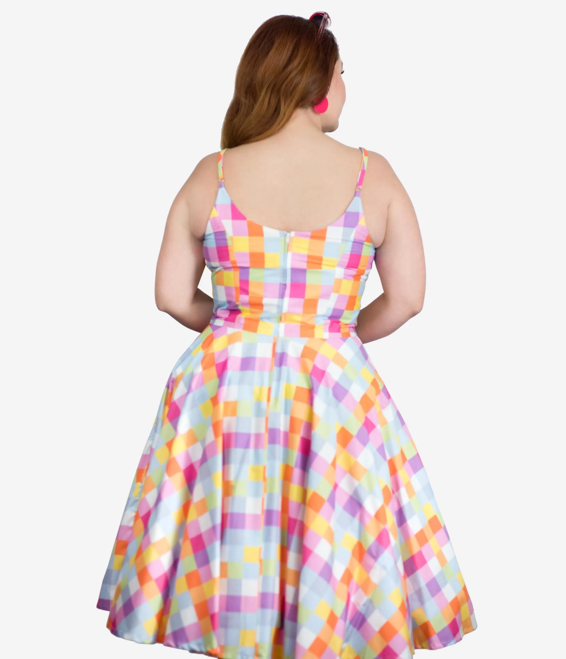 Plus Size Retro Style Multicolor Checkers Ray Swing Dress