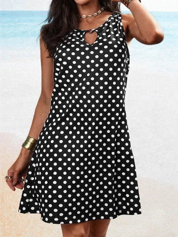 Polka Dot Print Crew Neck Sleeveless Dress