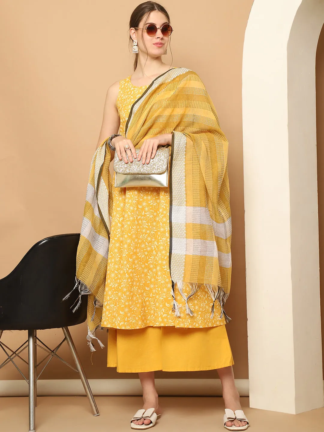 Printed Yellow Flared Kurta Palazzos Dupatta Set