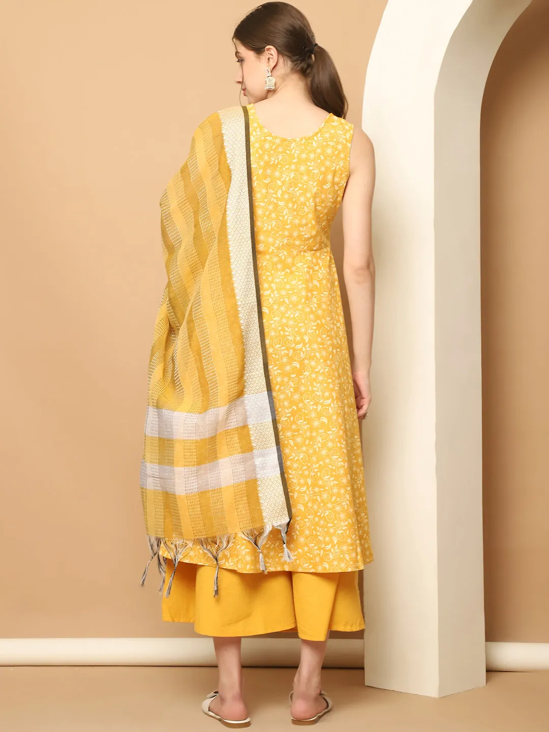 Printed Yellow Flared Kurta Palazzos Dupatta Set