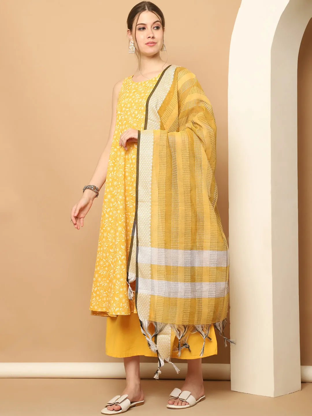 Printed Yellow Flared Kurta Palazzos Dupatta Set