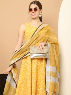 Printed Yellow Flared Kurta Palazzos Dupatta Set