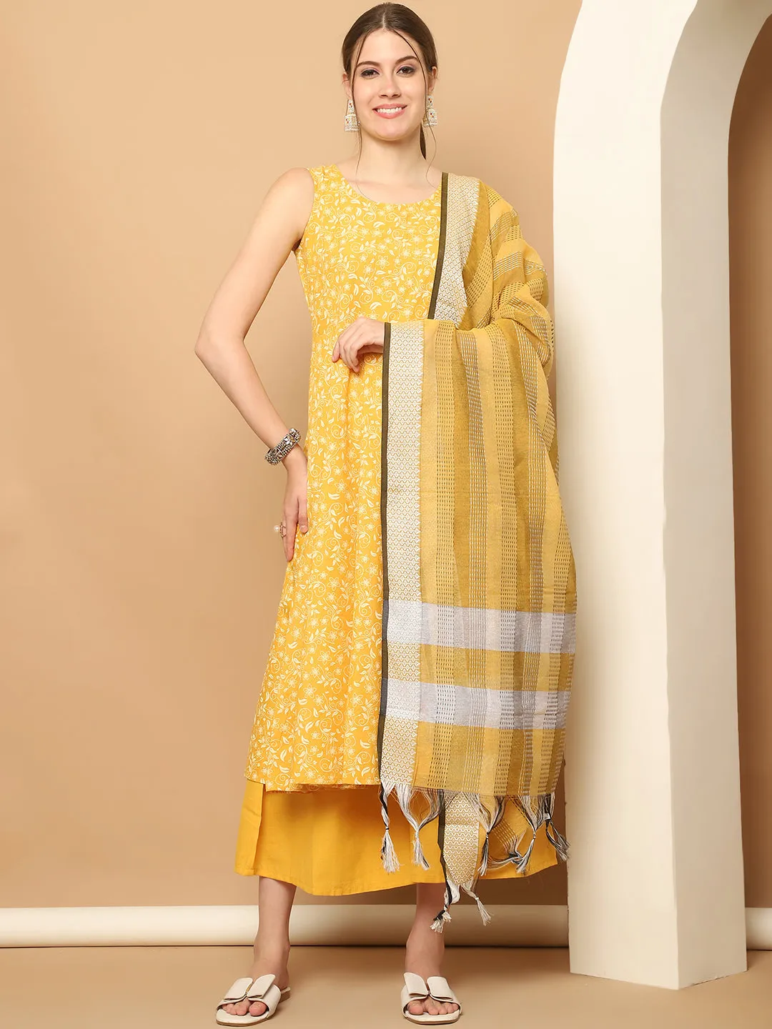 Printed Yellow Flared Kurta Palazzos Dupatta Set