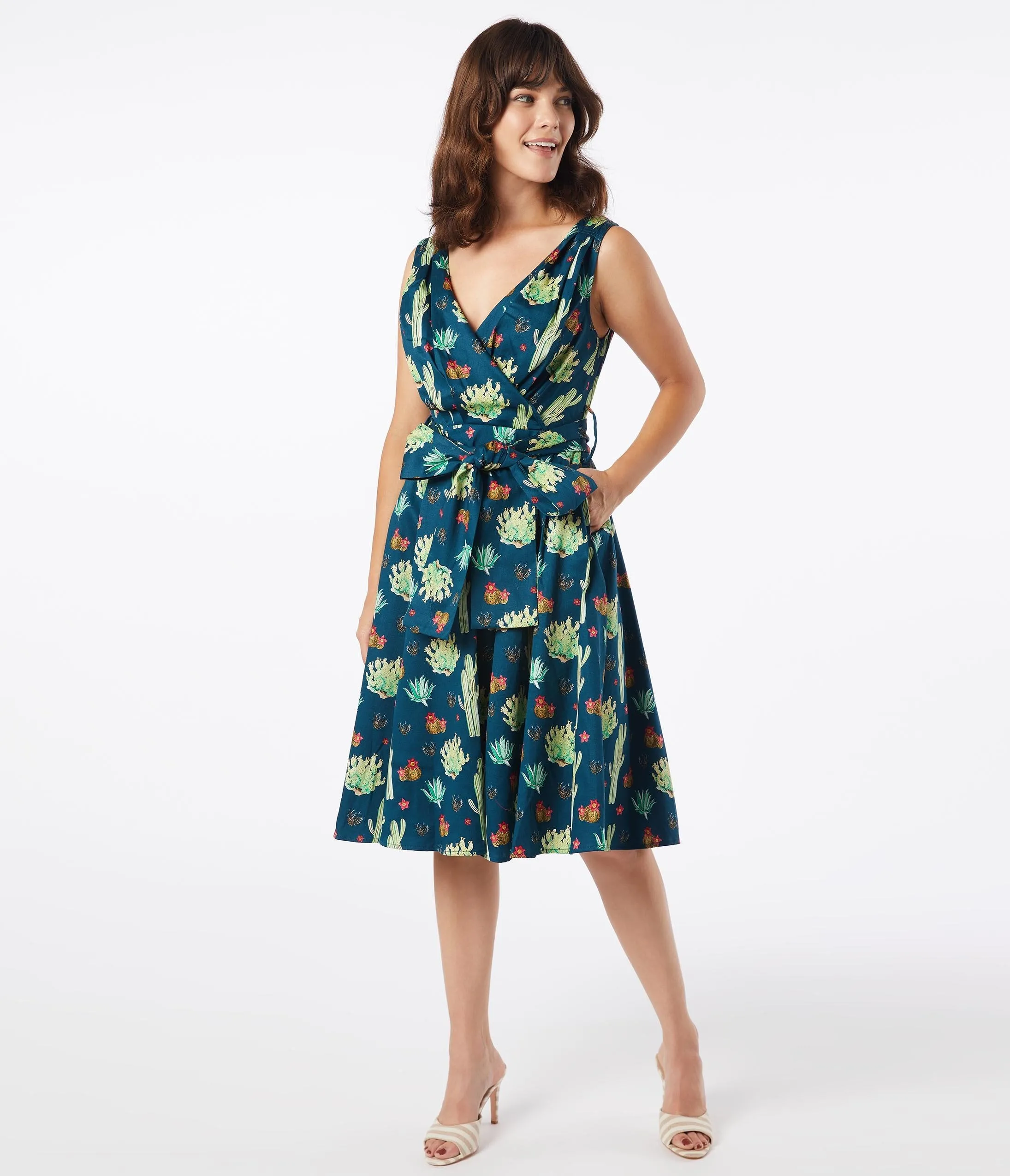 Retro Style Cactus Print Julie Swing Dress