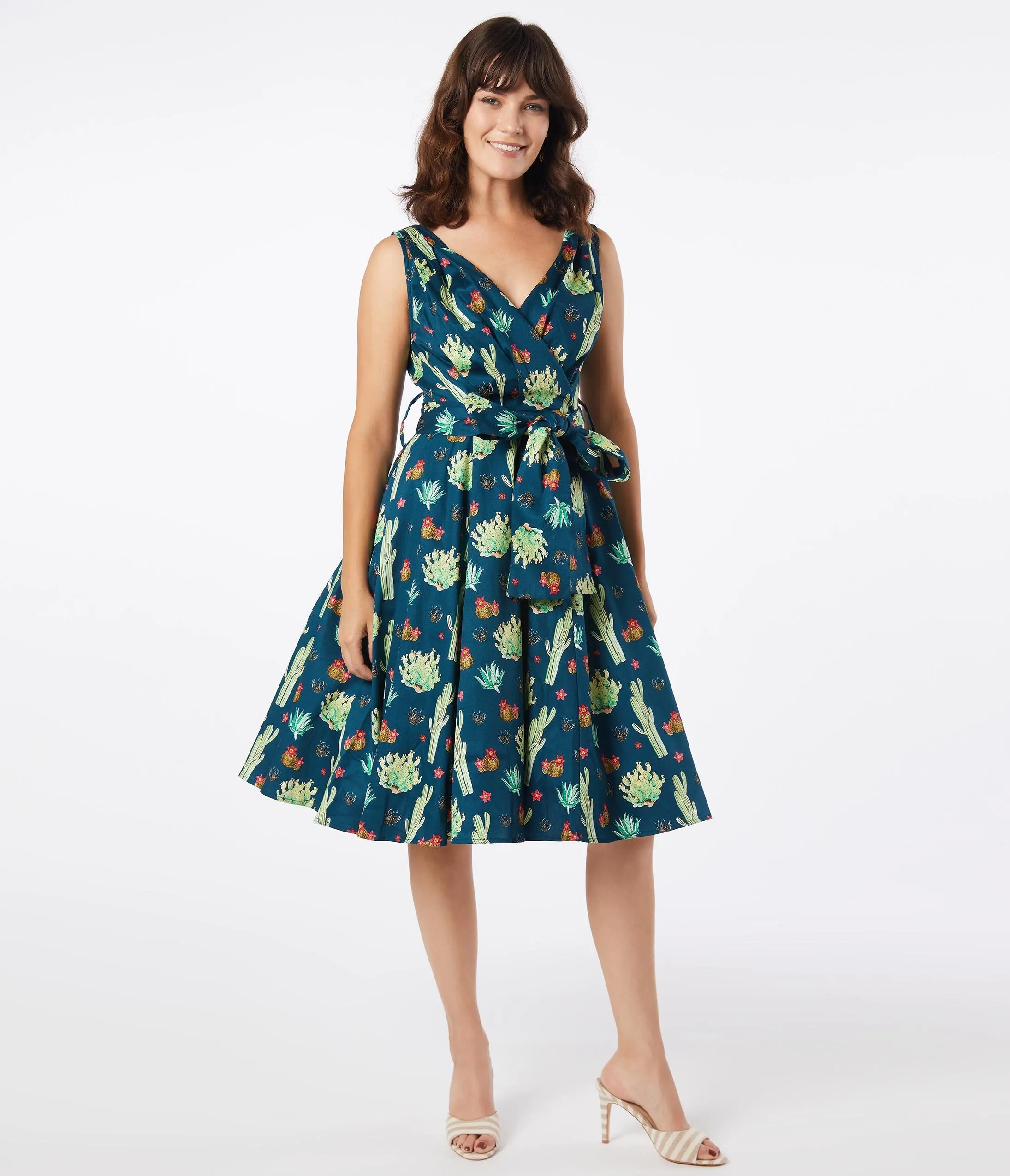 Retro Style Cactus Print Julie Swing Dress