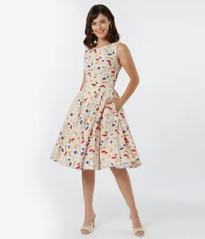 Retro Style Cream & Mushroom Print Candice Swing Dress