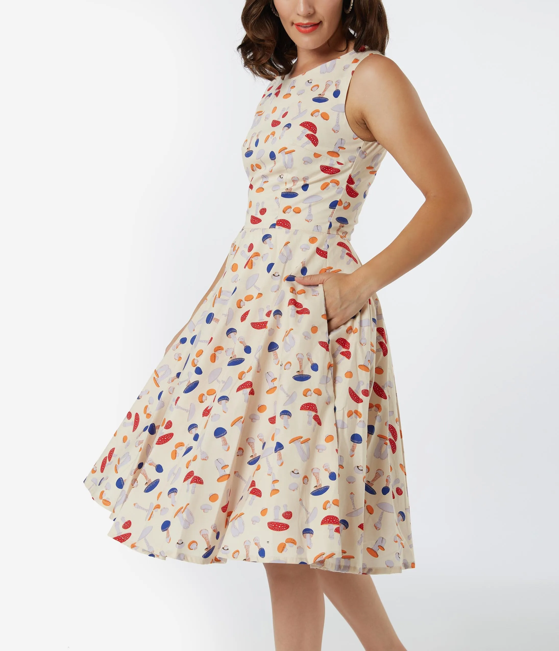 Retro Style Cream & Mushroom Print Candice Swing Dress