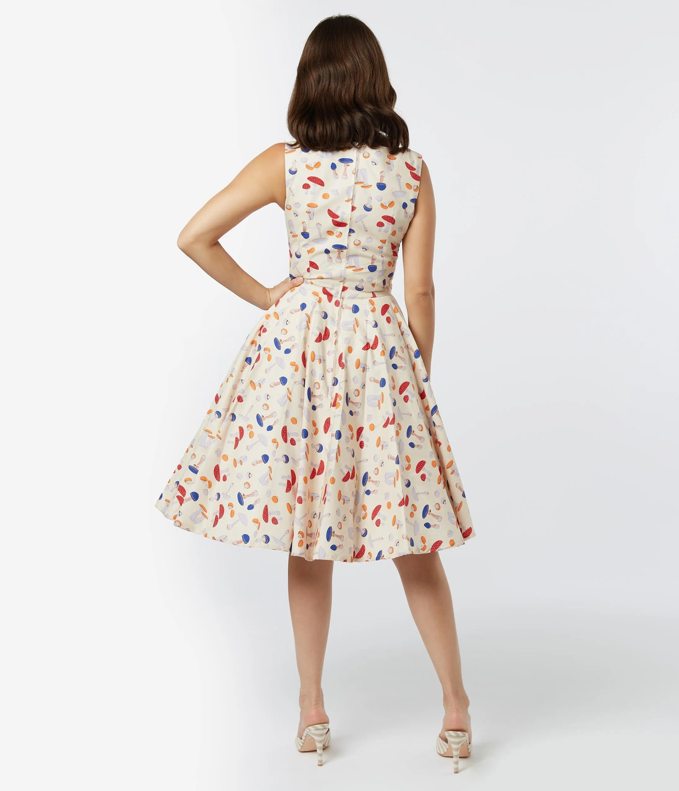 Retro Style Cream & Mushroom Print Candice Swing Dress