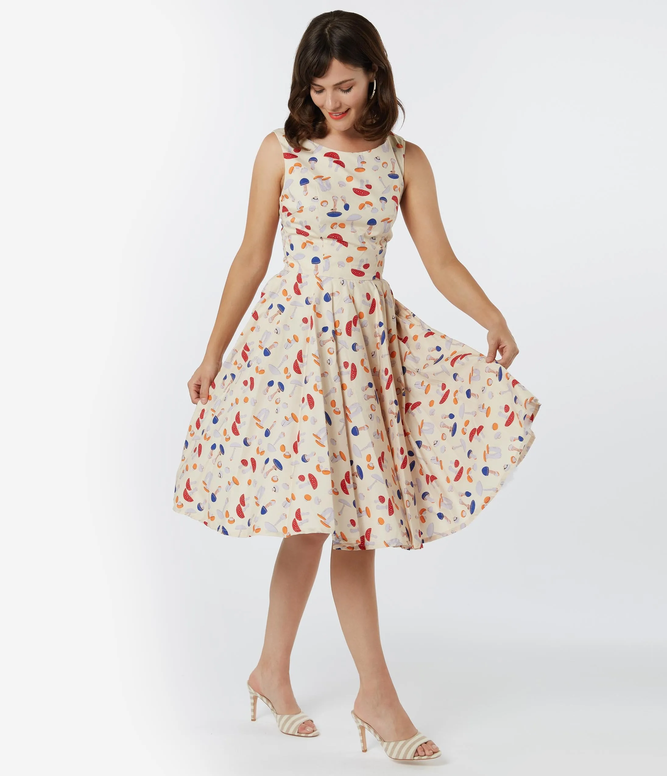 Retro Style Cream & Mushroom Print Candice Swing Dress