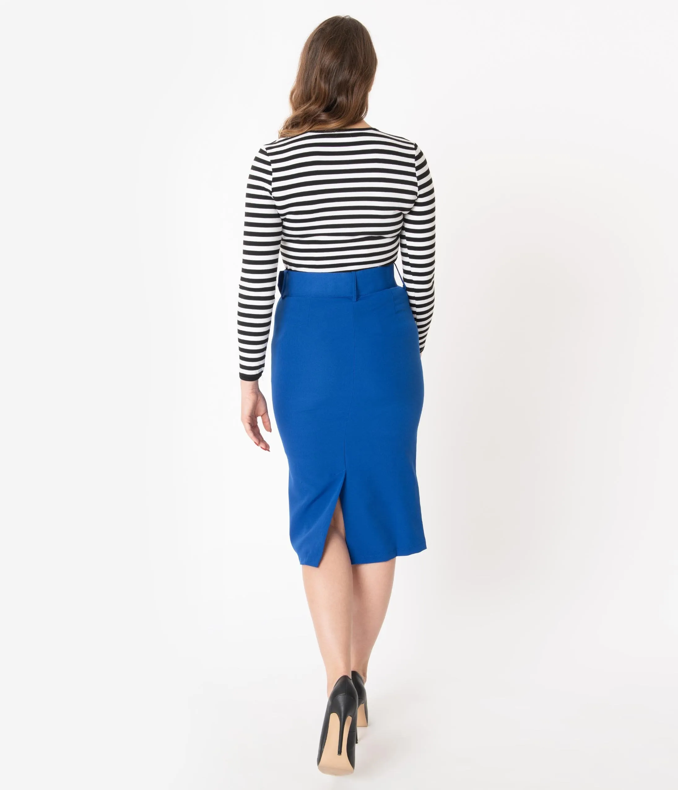 Retro Style Royal Blue Belted Pencil Skirt