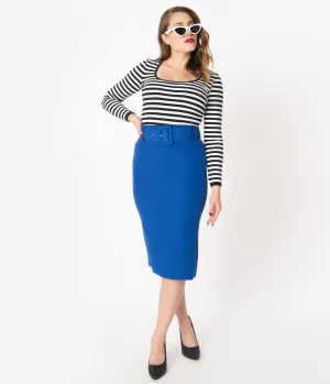 Retro Style Royal Blue Belted Pencil Skirt