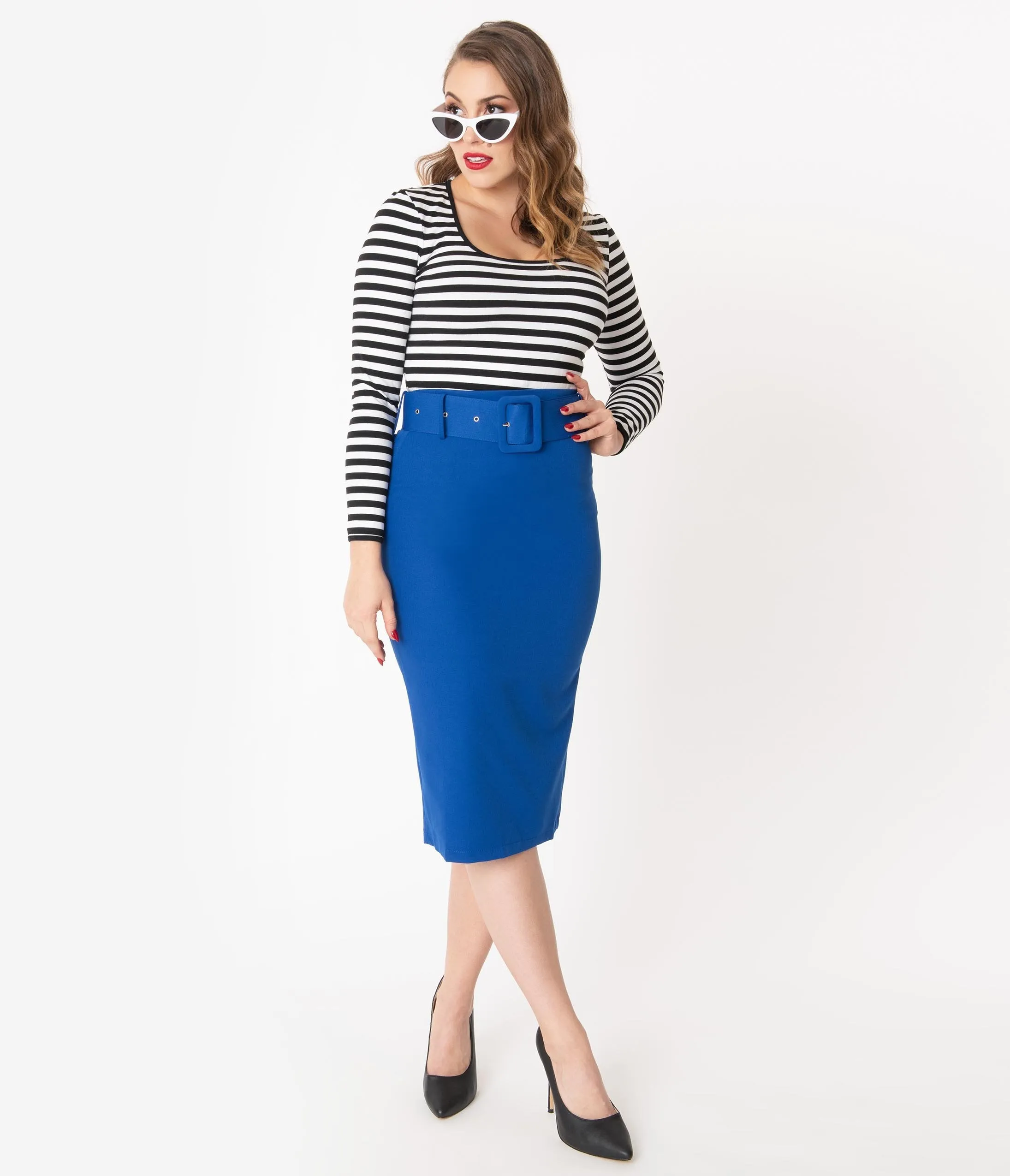 Retro Style Royal Blue Belted Pencil Skirt