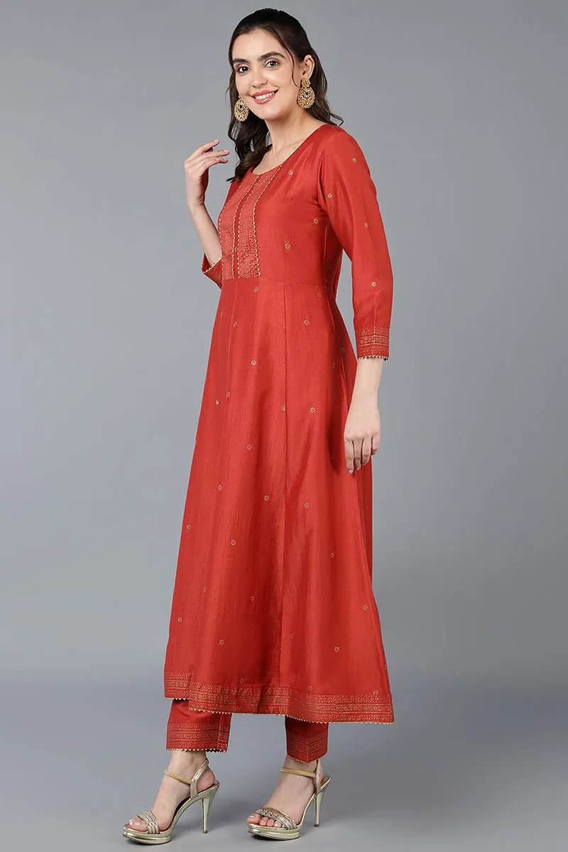 Rust Orange Silk Blend Rogan Work Flared Suit Set