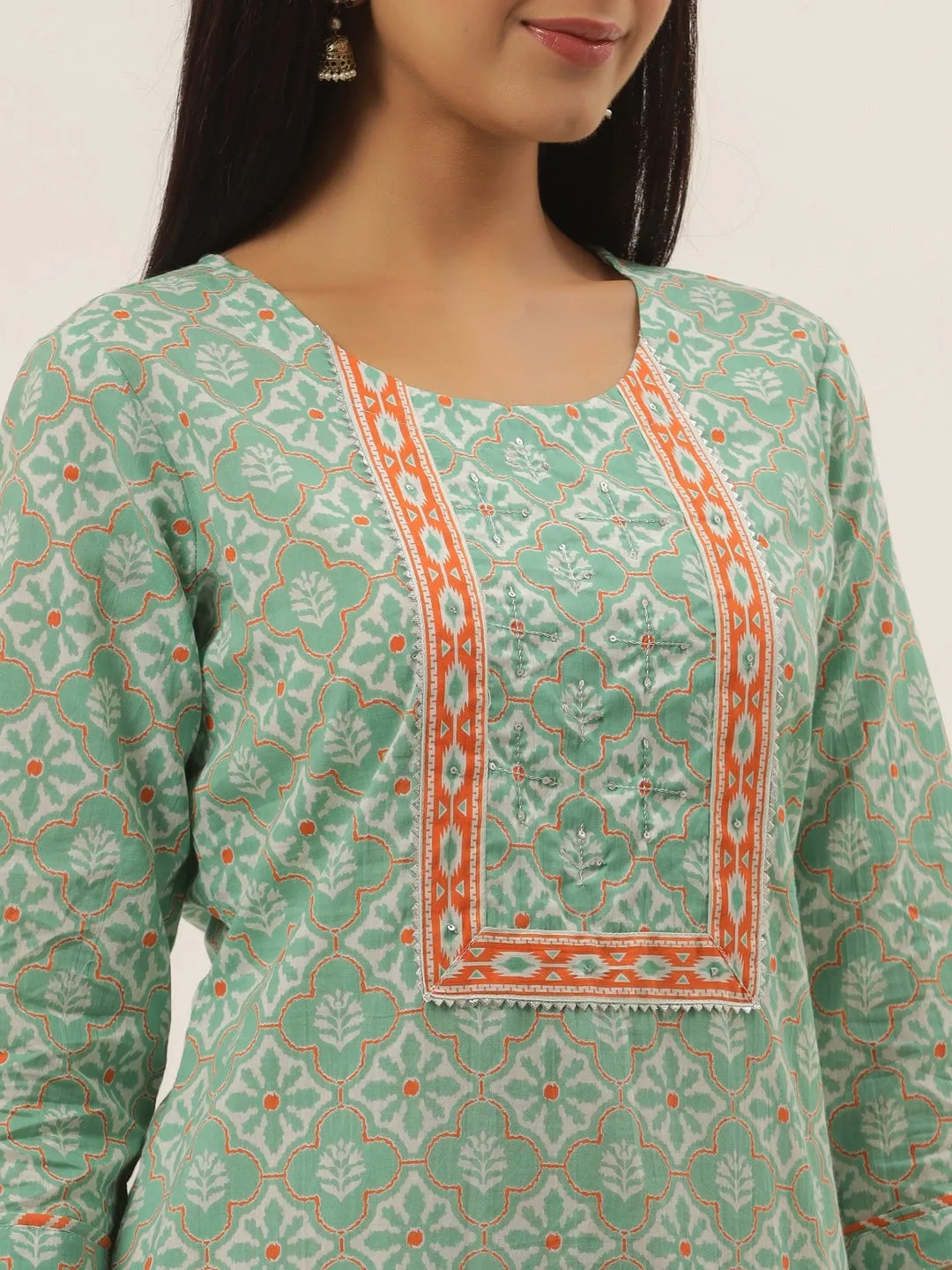 Sea Green Ethnic Motifs Printed Cotton Dupatta Set