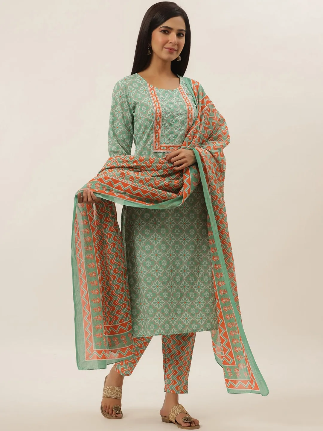 Sea Green Ethnic Motifs Printed Cotton Dupatta Set