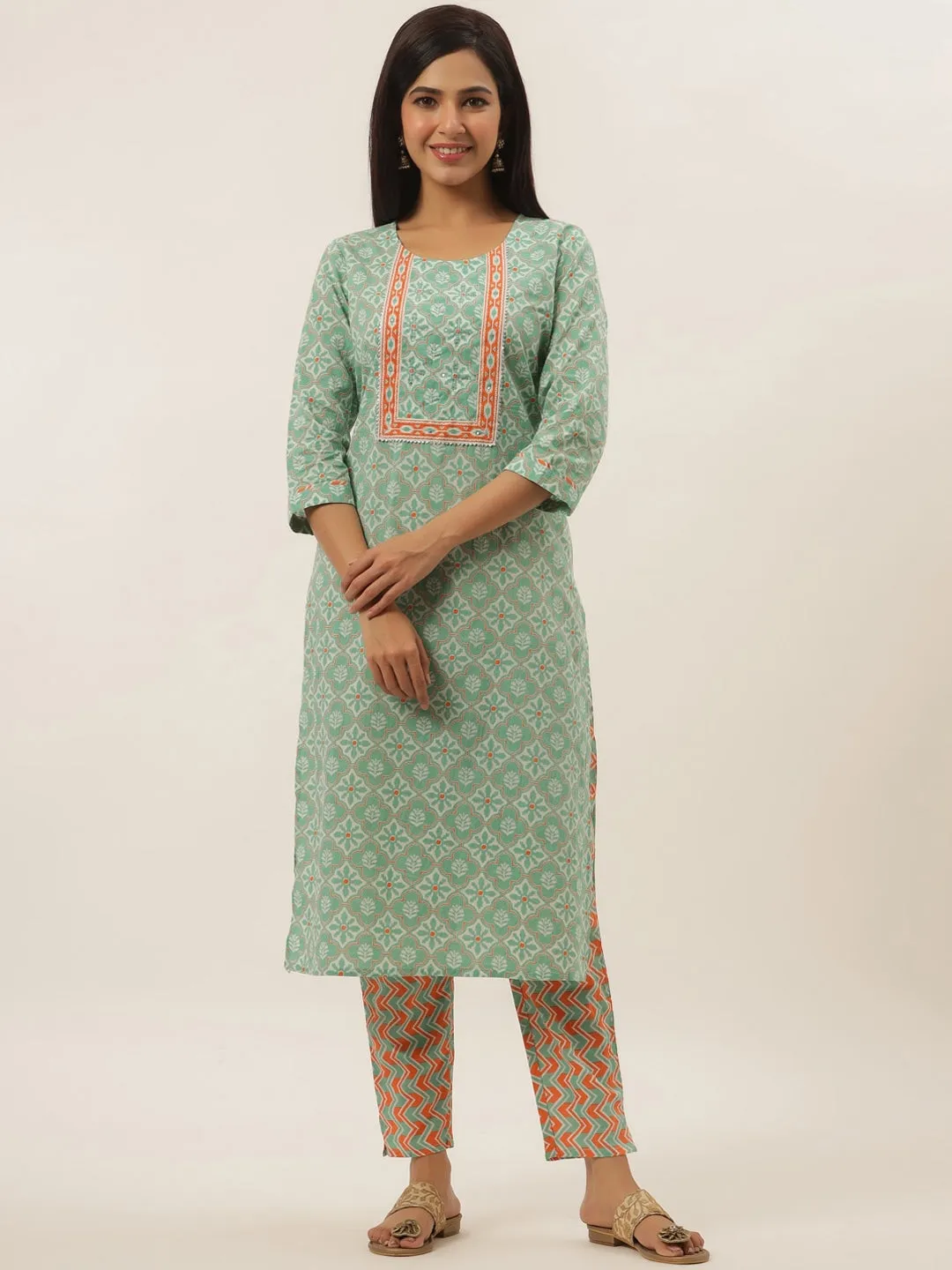 Sea Green Ethnic Motifs Printed Cotton Dupatta Set