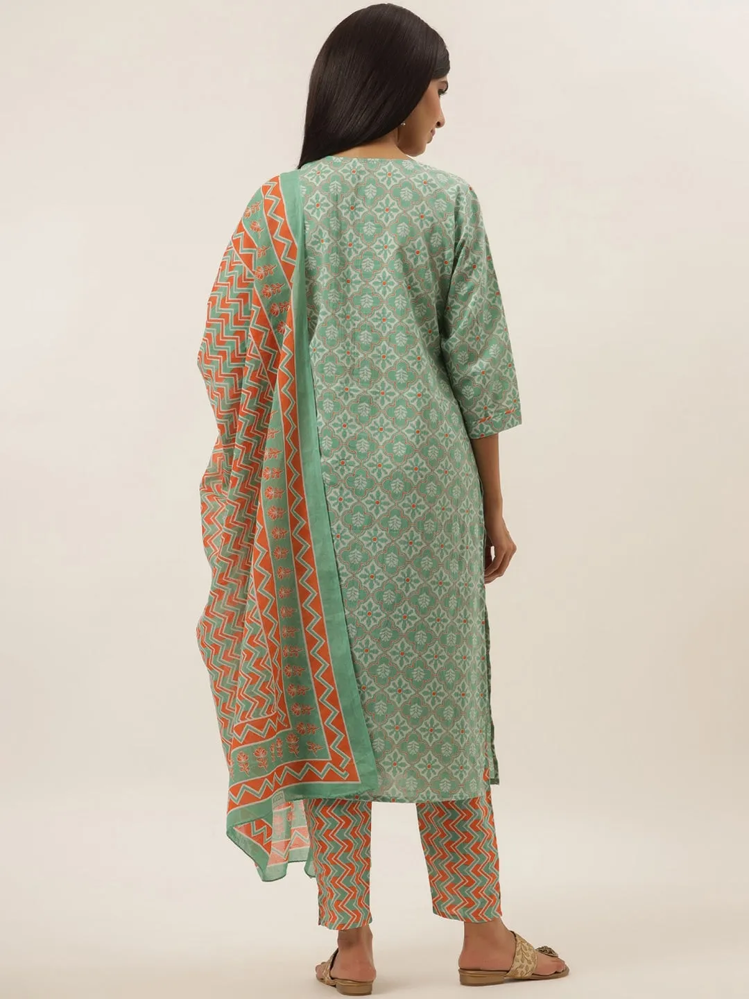 Sea Green Ethnic Motifs Printed Cotton Dupatta Set