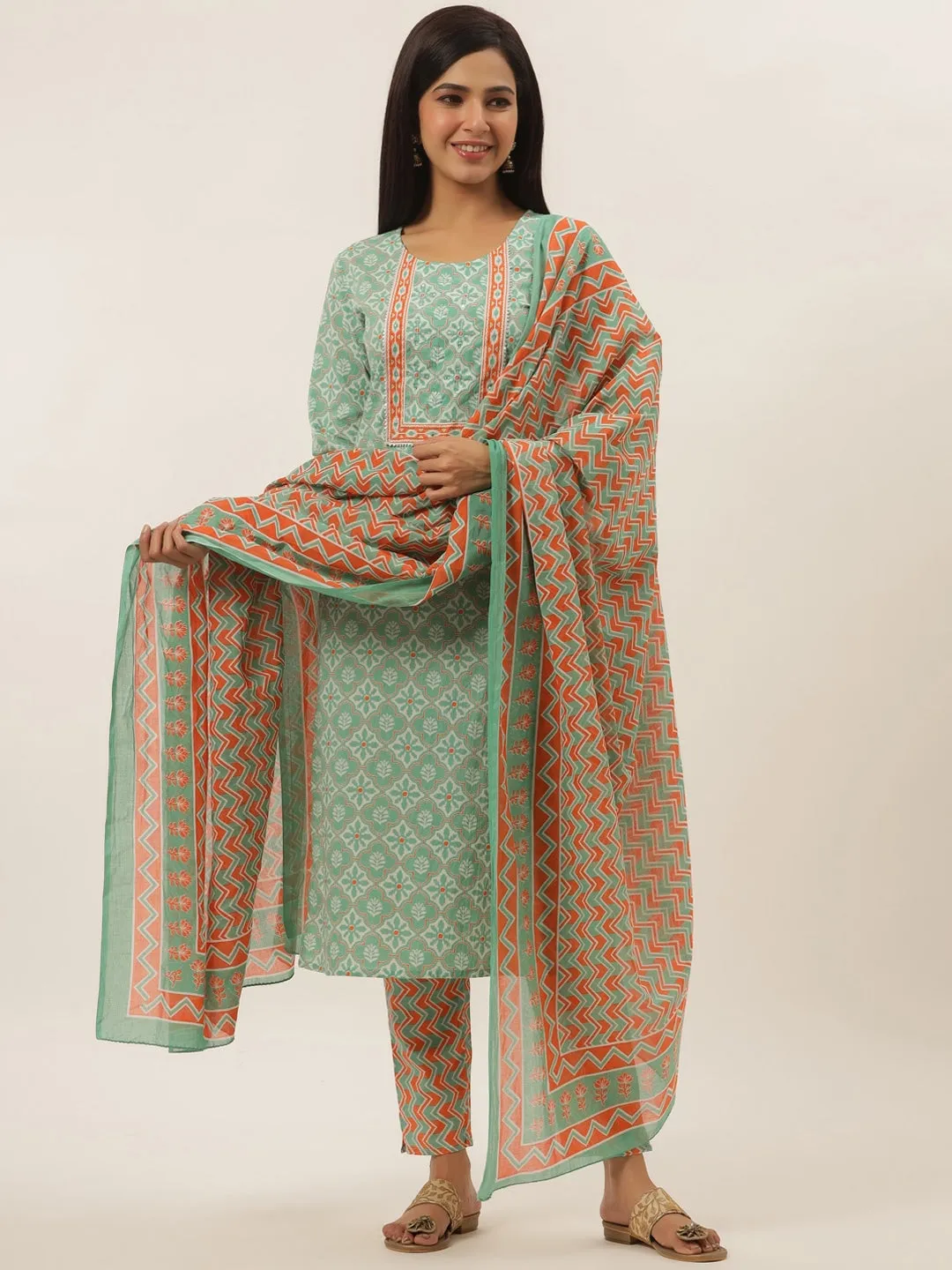 Sea Green Ethnic Motifs Printed Cotton Dupatta Set