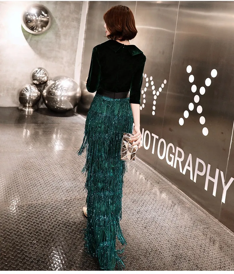 Sequined V-Neck Velvet Mermaid Dress