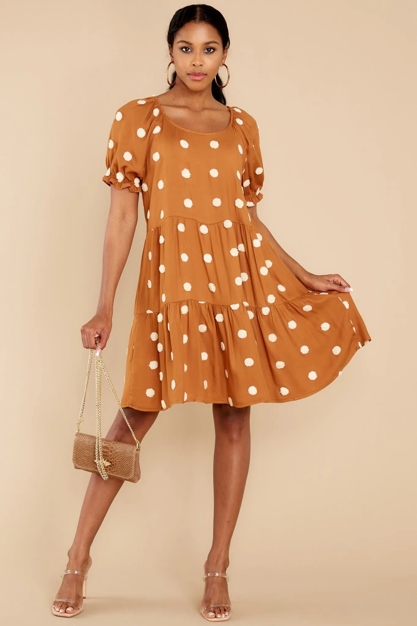 She Loves To Twirl Caramel Polka Dot Dress