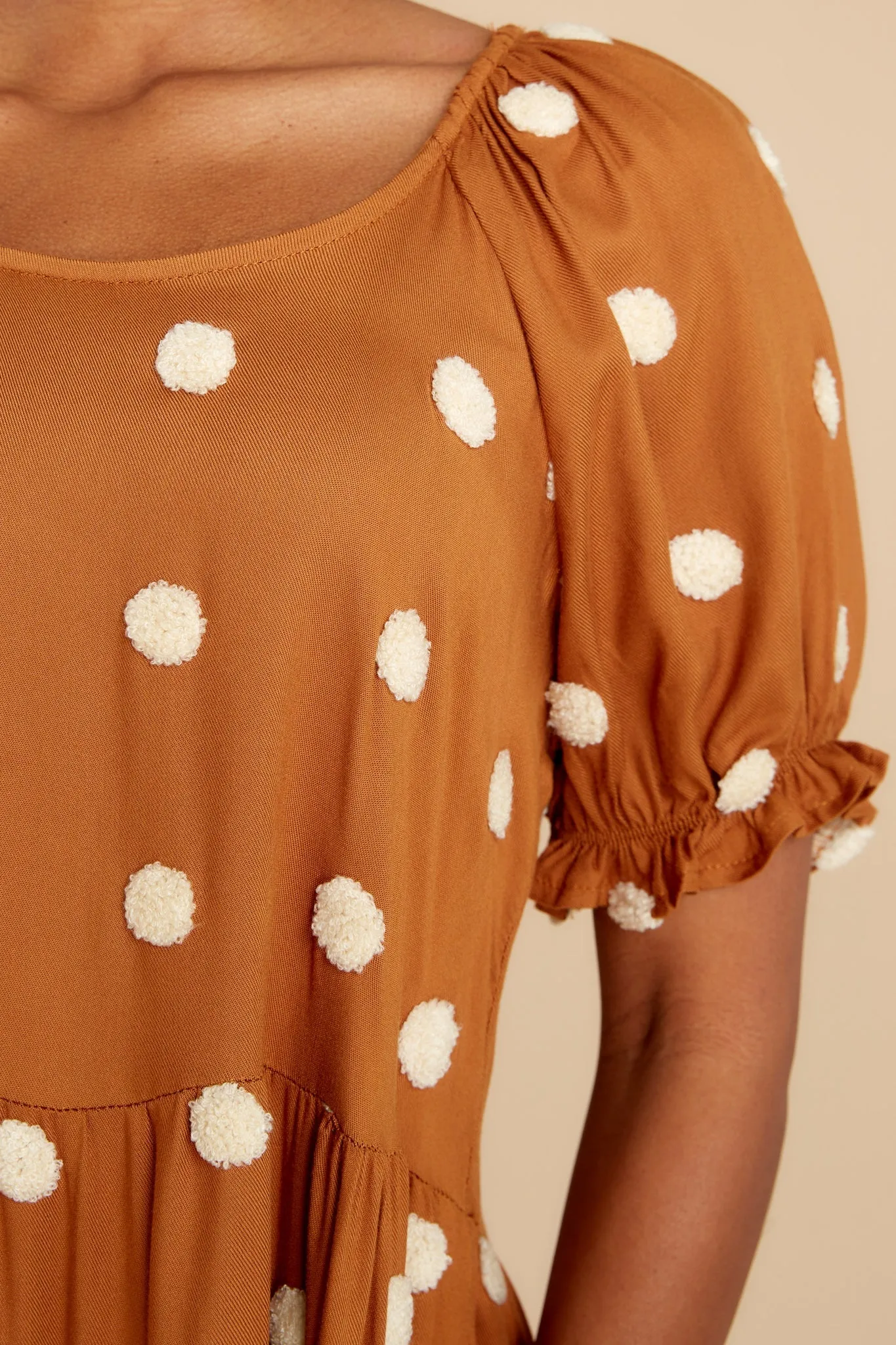 She Loves To Twirl Caramel Polka Dot Dress