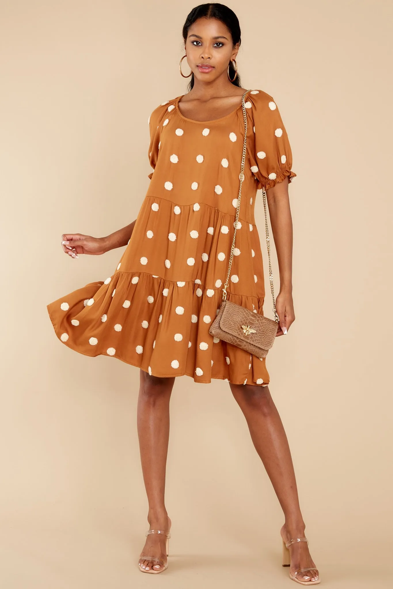 She Loves To Twirl Caramel Polka Dot Dress