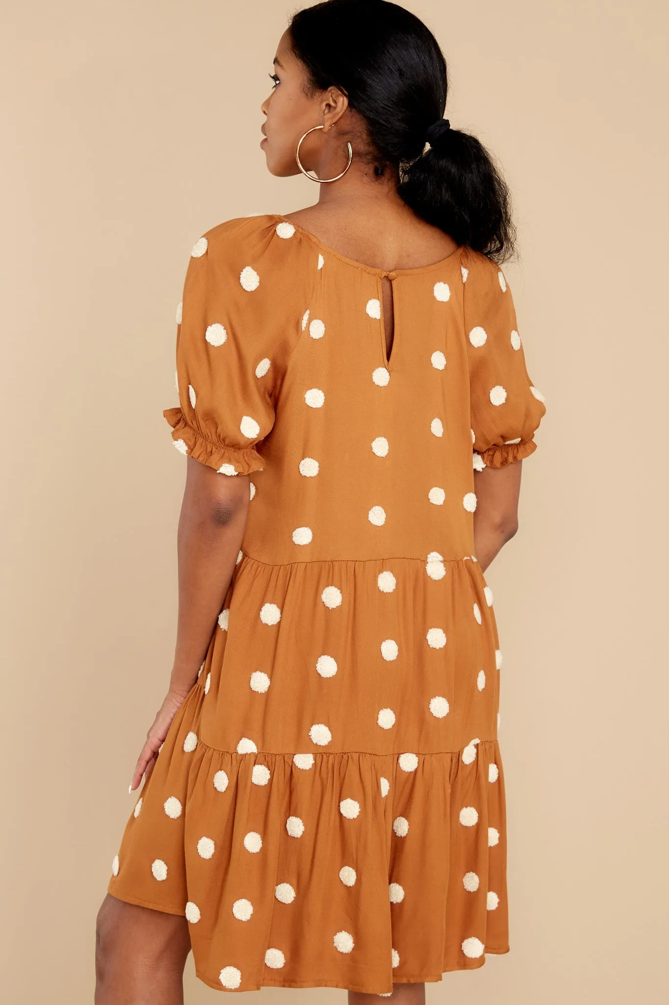 She Loves To Twirl Caramel Polka Dot Dress