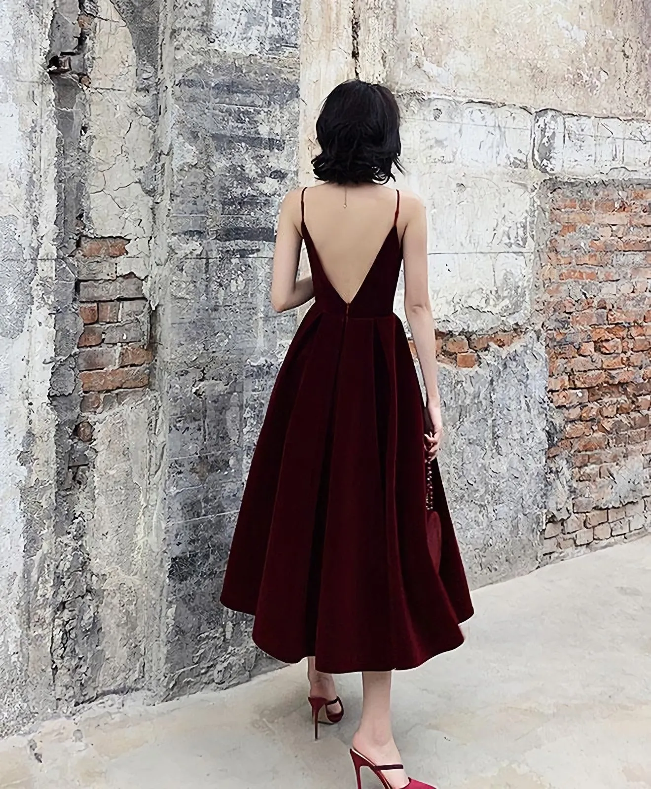 Simple Burgundy Tea Length Prom Dress Burgundy Bridesmaid Dress