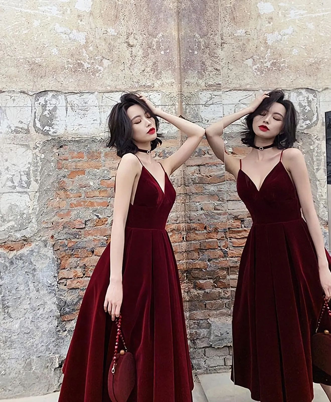 Simple Burgundy Tea Length Prom Dress Burgundy Bridesmaid Dress