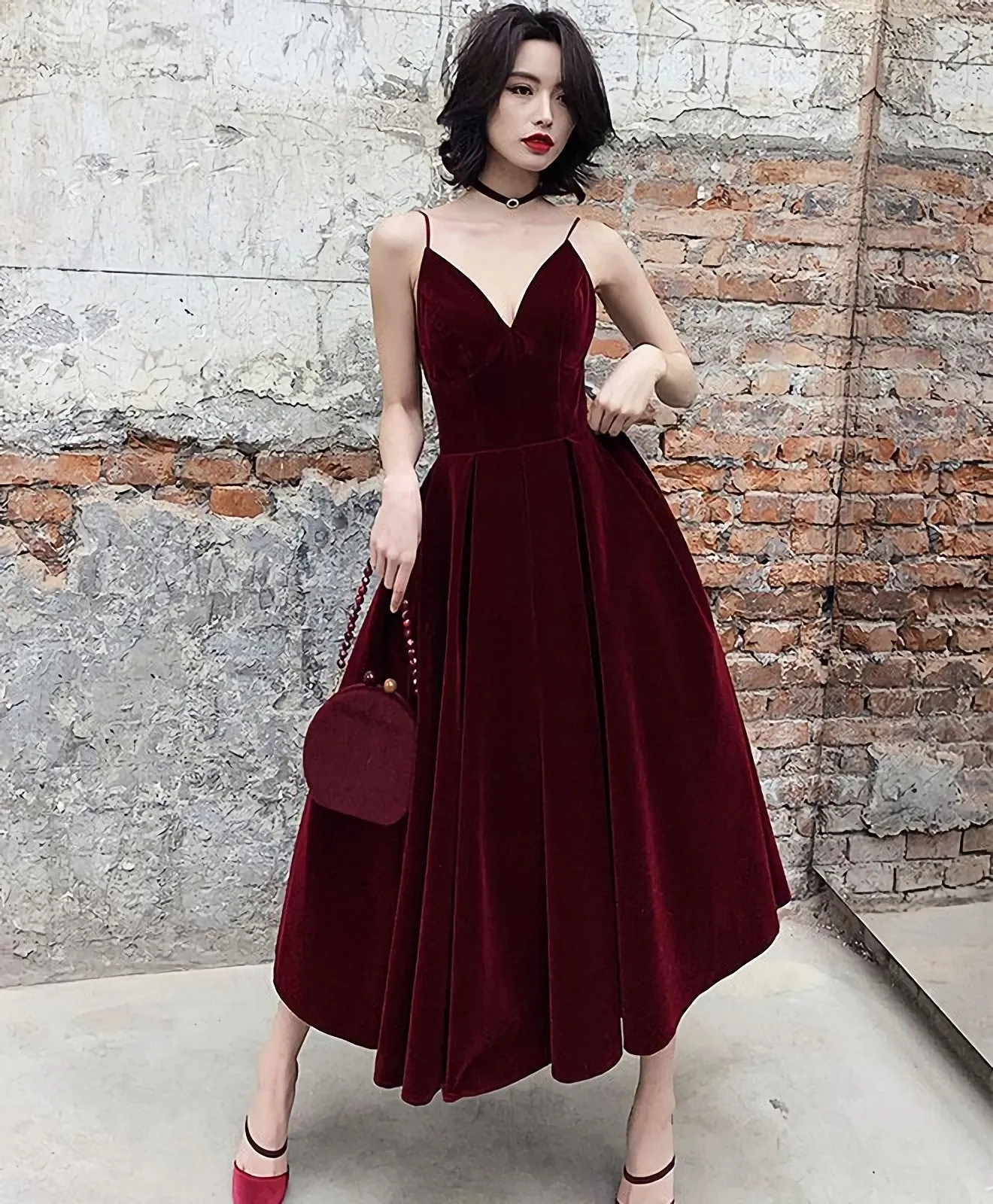 Simple Burgundy Tea Length Prom Dress Burgundy Bridesmaid Dress