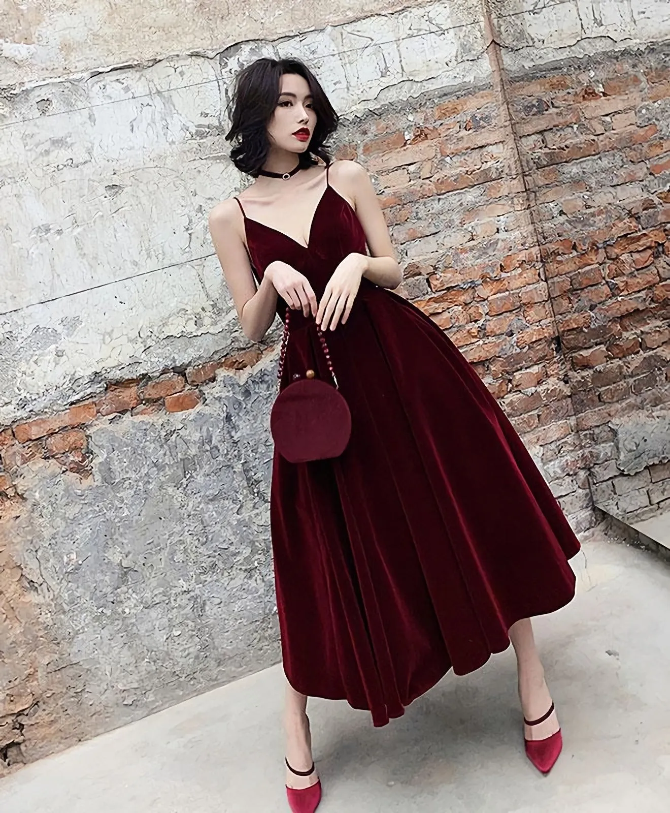 Simple Burgundy Tea Length Prom Dress Burgundy Bridesmaid Dress