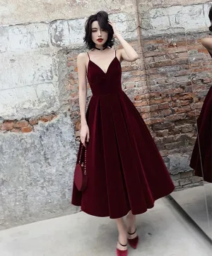 Simple Burgundy Tea Length Prom Dress Burgundy Bridesmaid Dress