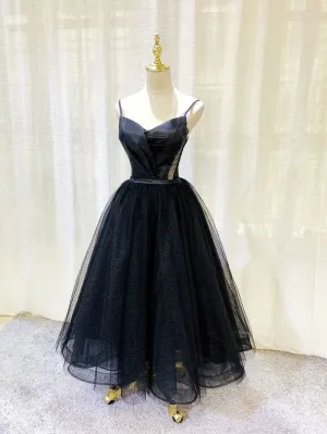 Simple Tulle Tea Length Black Prom Dress Black Homecoming Dress