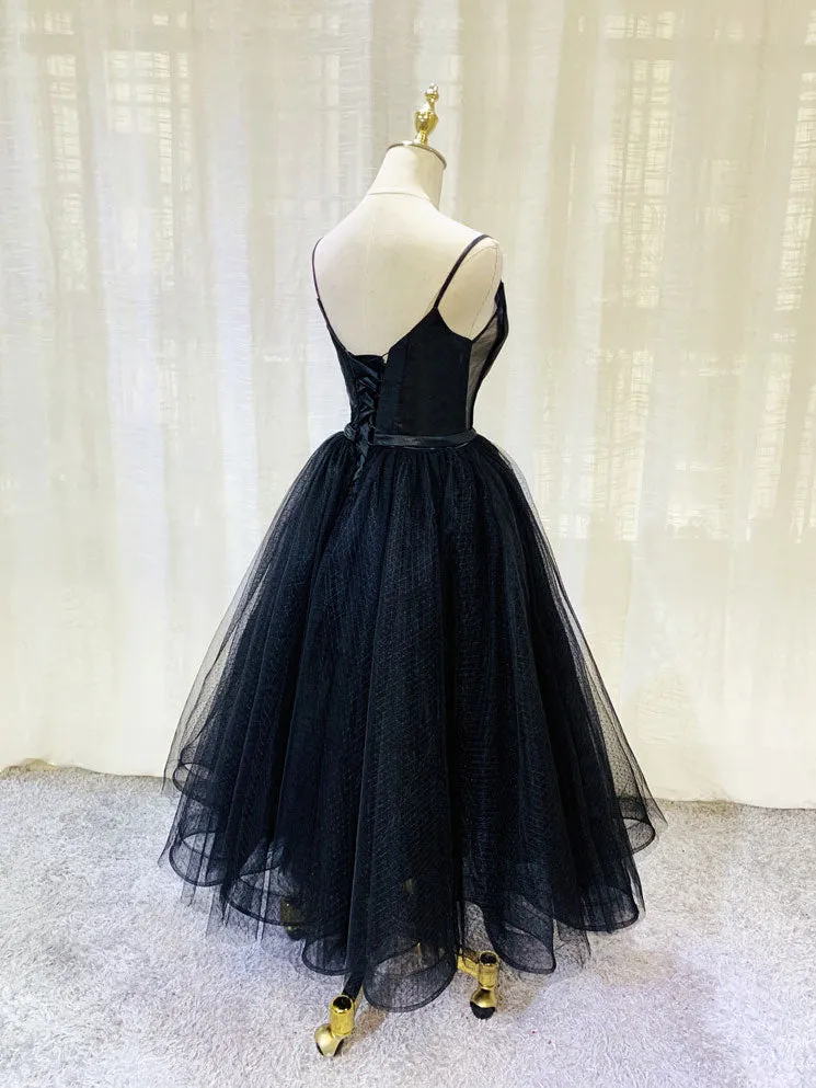 Simple Tulle Tea Length Black Prom Dress Black Homecoming Dress