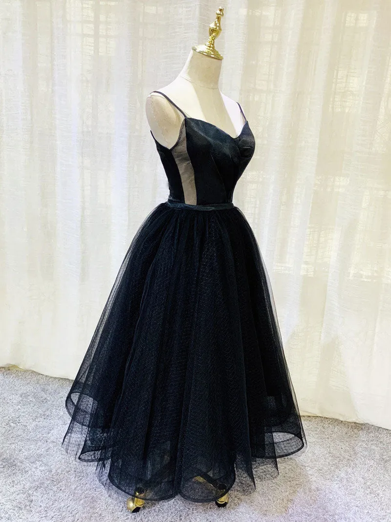 Simple Tulle Tea Length Black Prom Dress Black Homecoming Dress