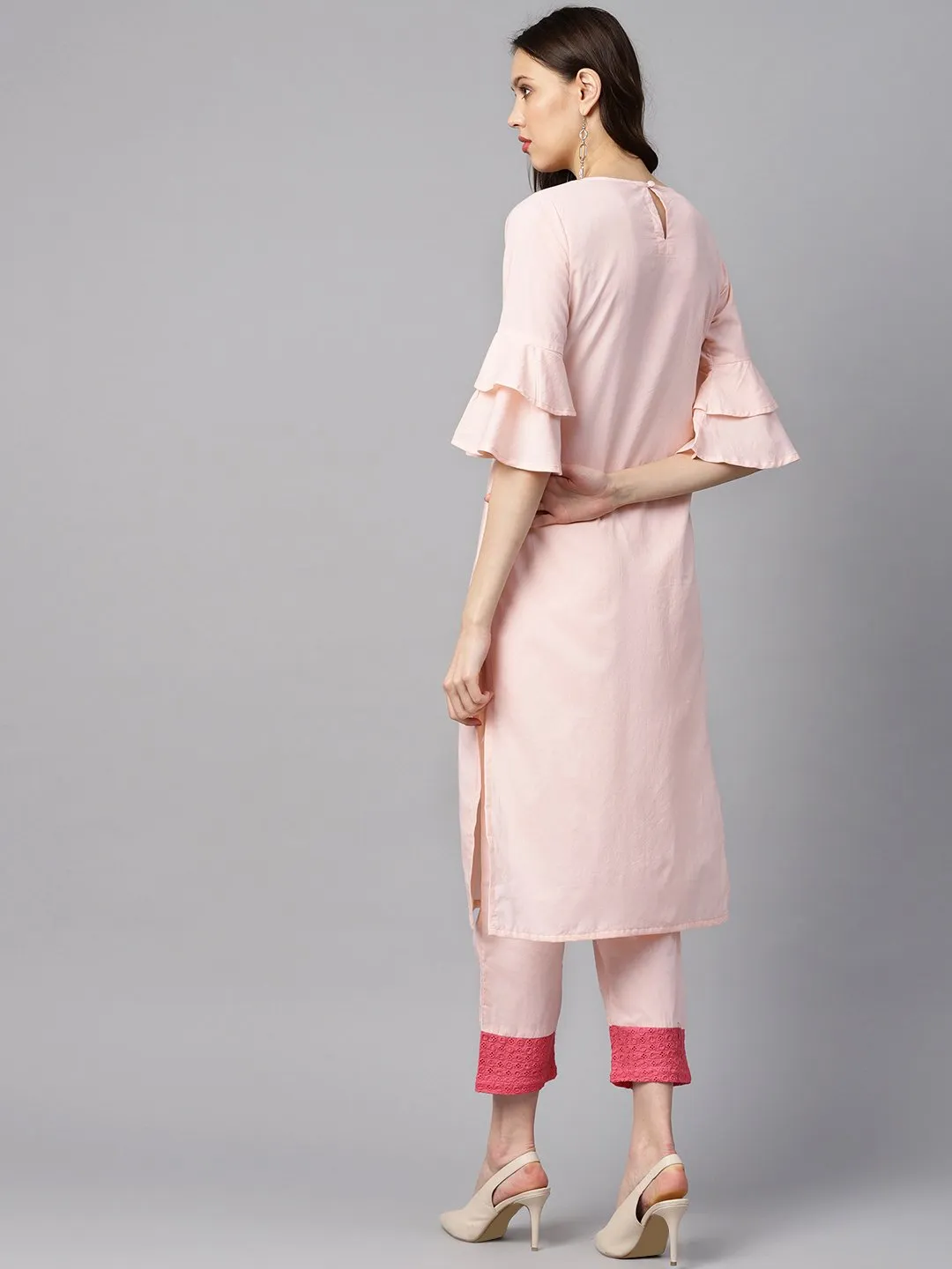 Solid Light Peach Straight Kurta With Flared Sleeves & Pants With Shifli Detailing