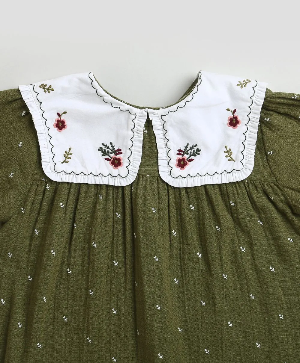 Sweetlime By AS Peter Pan Collar Olive Green Cotton Dress with a Matching Bloomer.