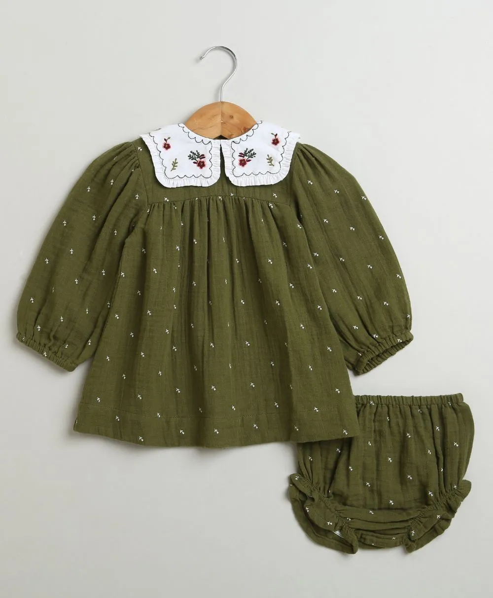 Sweetlime By AS Peter Pan Collar Olive Green Cotton Dress with a Matching Bloomer.