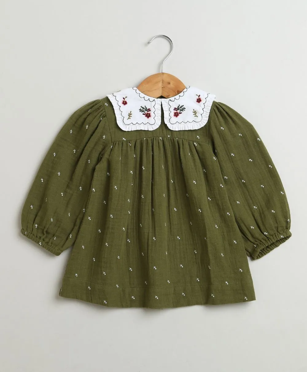 Sweetlime By AS Peter Pan Collar Olive Green Cotton Dress with a Matching Bloomer.