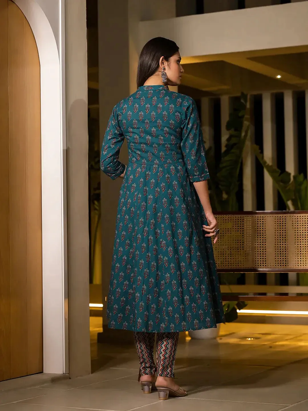 Teal Green Floral Print Cotton Anarkali Style Kurta With Trousers And Dupatta Set