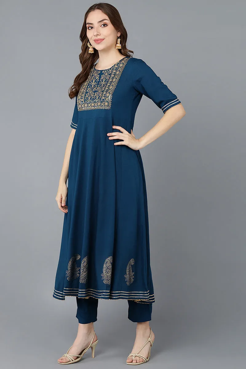 Teal Silk Blend Anarkali Suit Set