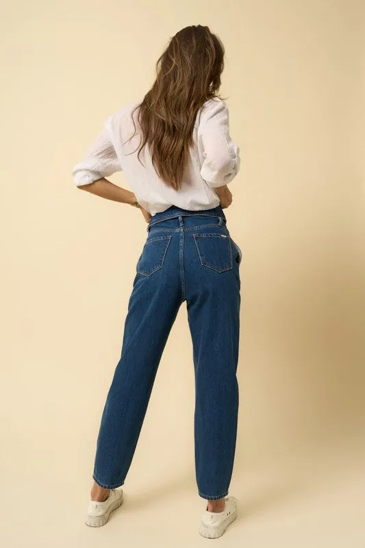 TEEK - DARK HIGH RISE FLAP WAISTED RELAXED JEANS