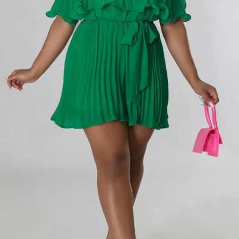 TEEK - Green Pleated Off-Shoulder Ruffled Romper