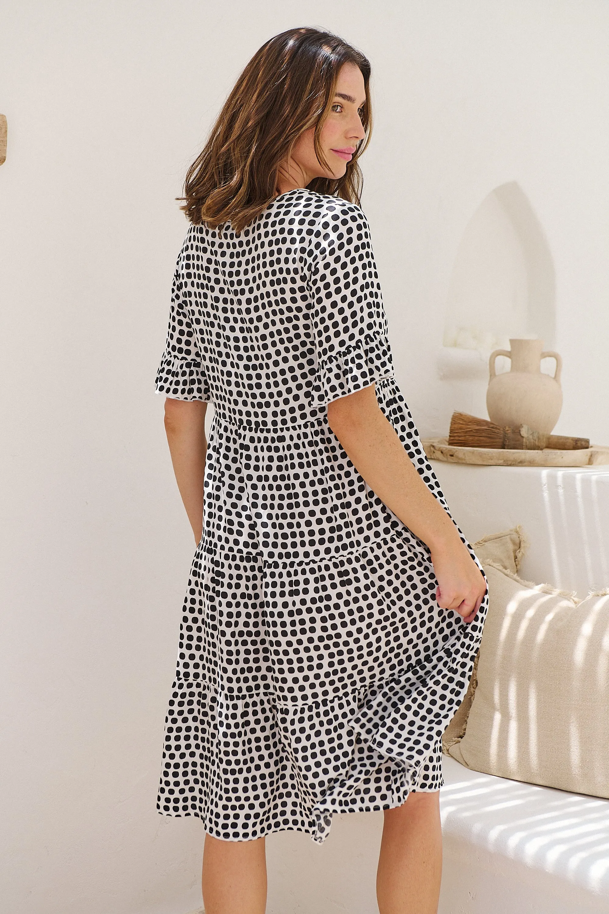 Thea White/Black Spot Print Pocketed Smock